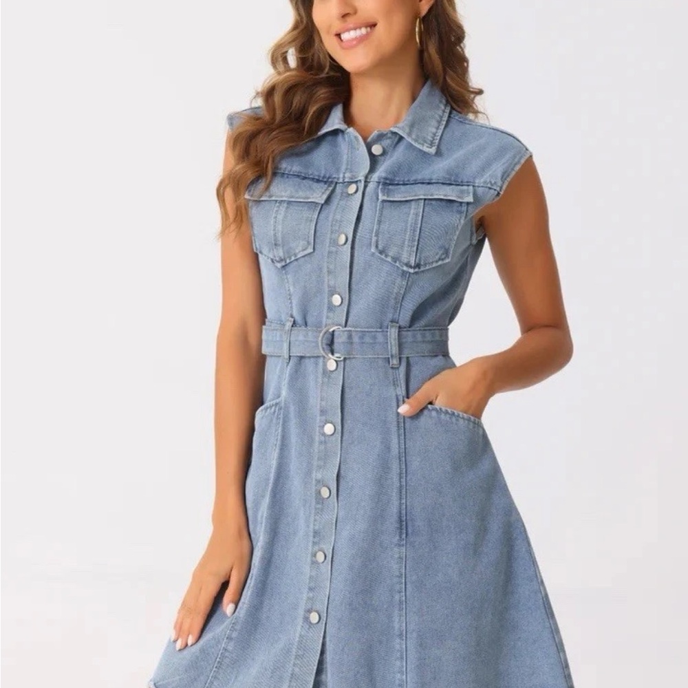 Allegra K Denim Button Down Lapel Belted A-Line Pockets Mini Shirt Dress Medium